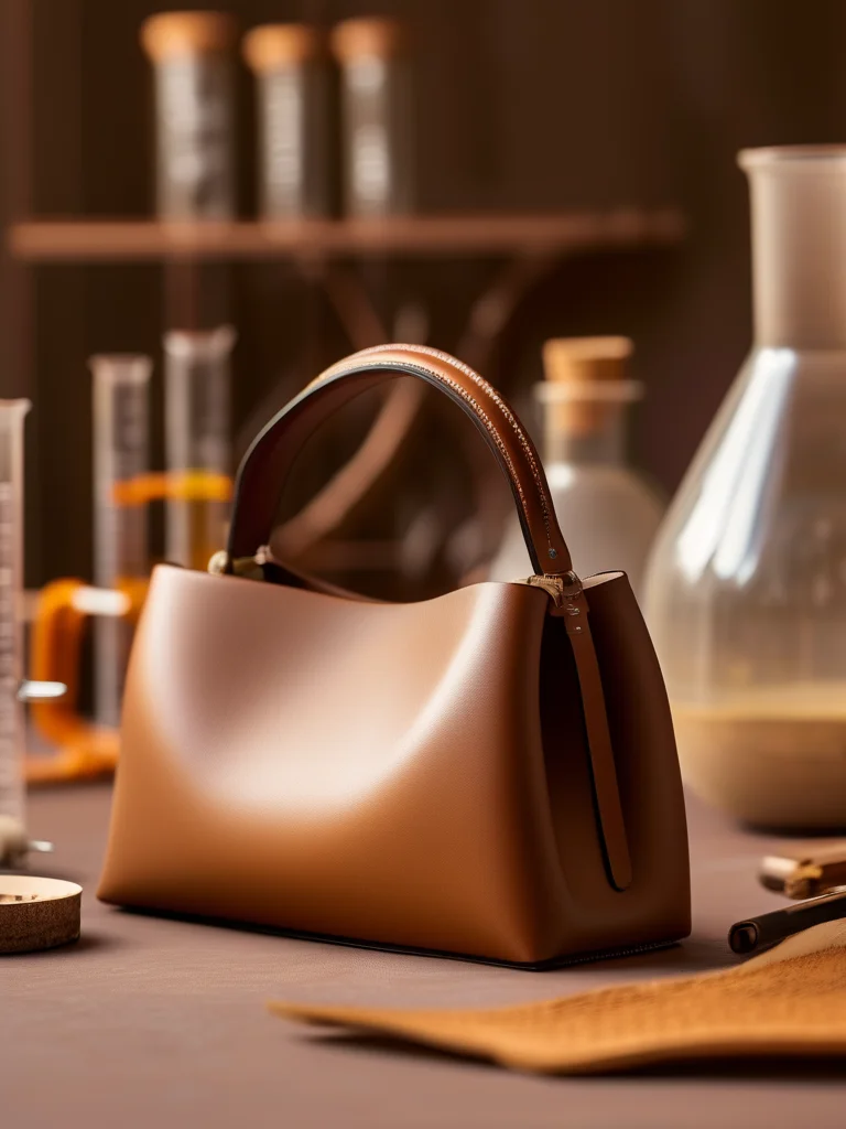 A high-fashion, close-up view of a designer handbag made from premium mycelium leather. The material exhibits a fine, organic texture and a luxurious matte finish in a sophisticated dark brown hue. The stitching is impeccable, showcasing expert craftsmanship. The background is softly blurred, suggesting either a controlled growth environment with scientific elements or an artistic representation of mycelium networks, underscoring the material's bio-innovative origins. The image highlights the sustainable elegance and tactile appeal of fungi-derived fabrics.