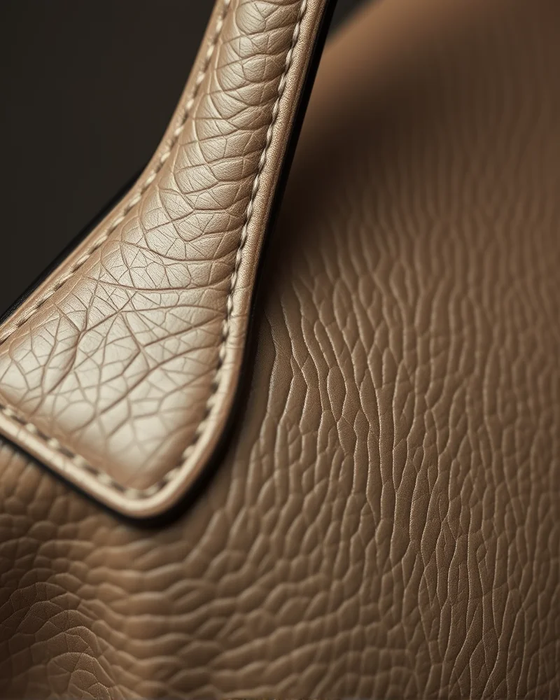 Close-up of Mylo mycelium leather texture on a high-end luxury accessory.