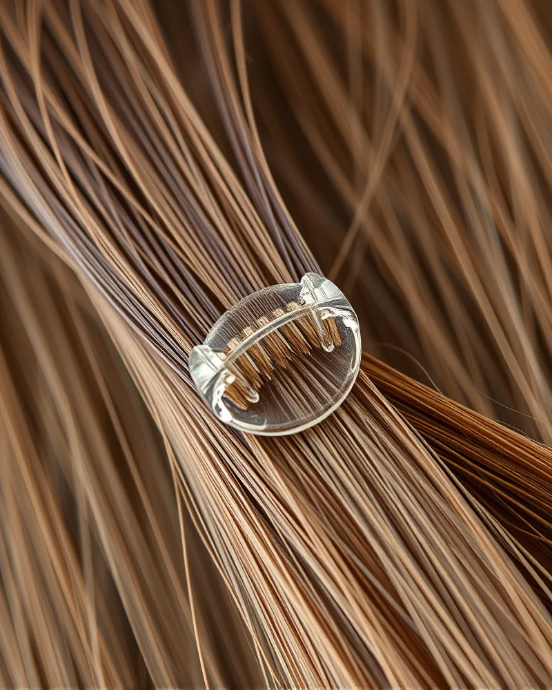 Bio-Synthetic Hair Integration: The 2027 Guide to Hybrid Hair Extensions 4 Close up of a nanofusion extension bond applied to natural hair showing the invisible, microscopic resin connection.