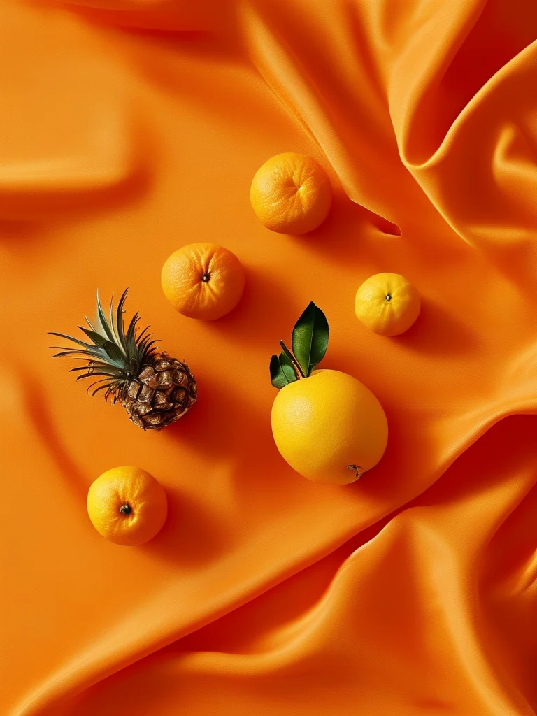 A close-up photograph showcasing the innovative process of transforming agricultural by-products into sustainable textiles. On the left, vibrant orange peels are neatly arranged next to a swatch of shimmering, silky fabric in a soft orange hue, illustrating the creation of Orange peel fabric. On the right, green pineapple leaves are paired with a piece of durable, textured, caramel-colored material resembling vegan leather, representing Piñatex. The composition emphasizes the contrast between raw natural waste and refined, luxurious textiles, set against a clean, premium backdrop, highlighting circular fashion and eco-friendly design.