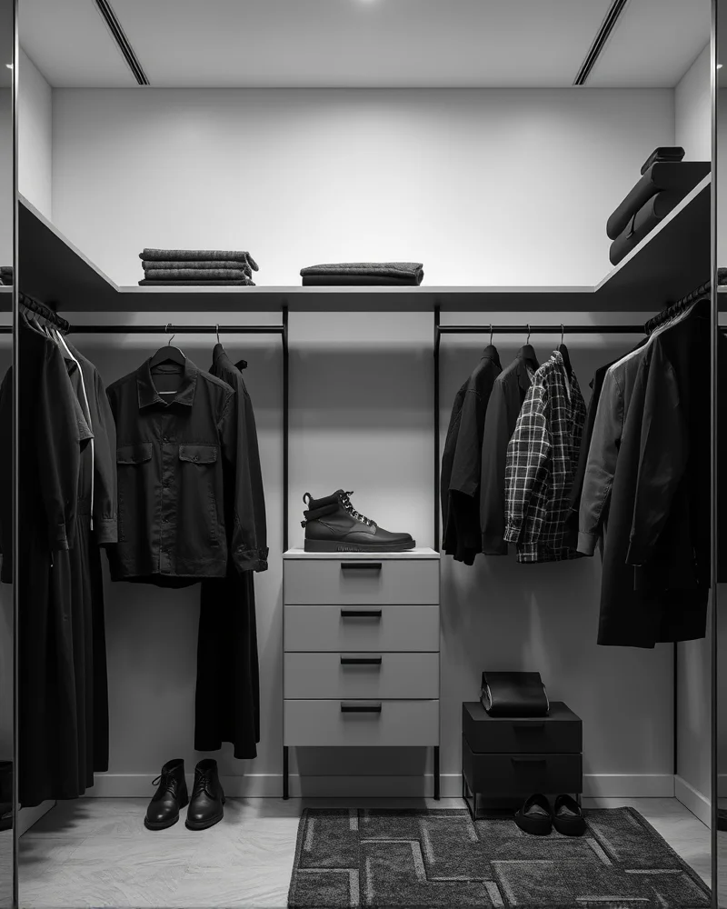 A minimalist wardrobe display containing 15 essential tech-core items in shades of gray, black, and white, highlighting the clean, modern aesthetic of bio-synthetic fashion.