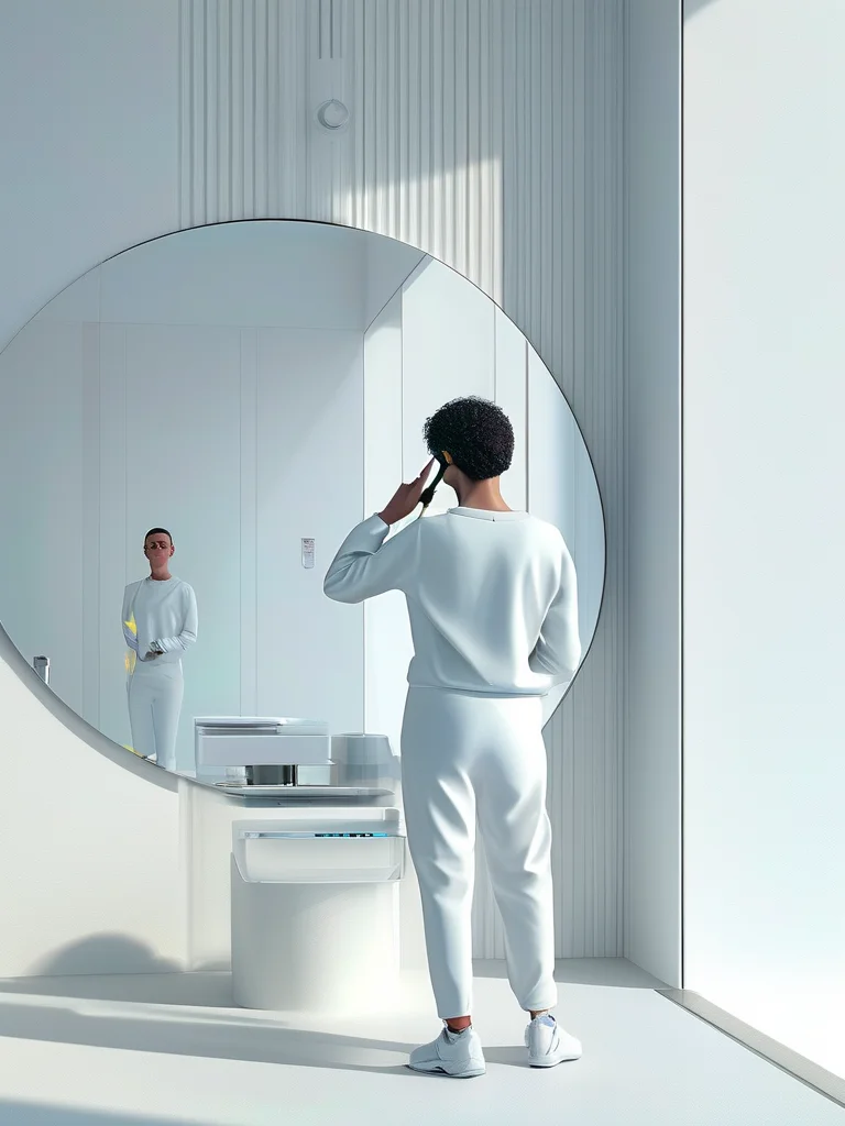 A person in a modern bathroom in 2026 using a sleek, glowing handheld AI diagnostic device to scan their scalp. In the background, a smart mirror displays a holographic data overlay showing moisture levels, follicle density, and sebum production, all indicative of a healthy scalp. The image conveys advanced, personalized hair care and wellness technology.