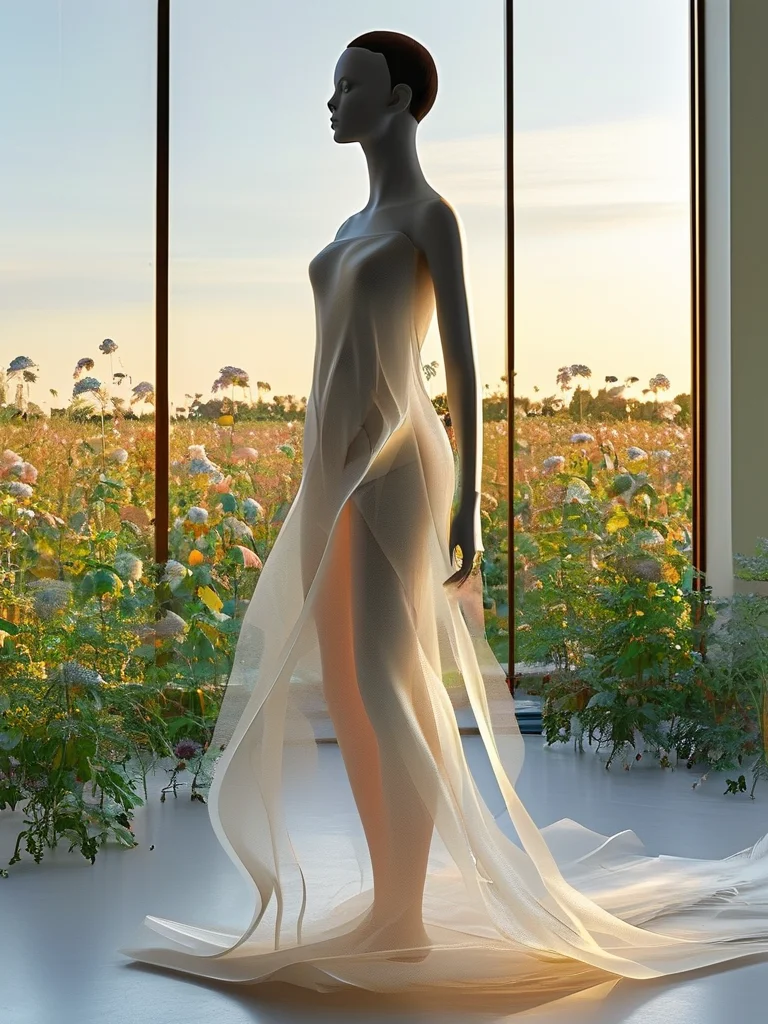 A 4:5 image depicting a high-tech fashion studio. A 3D printer is shown creating an intricate, translucent garment piece. Biodegradable sequins sparkle on an eco-friendly fabric, and a healthy field of regenerative agriculture crops is visible through a window, signifying sustainable textile production.