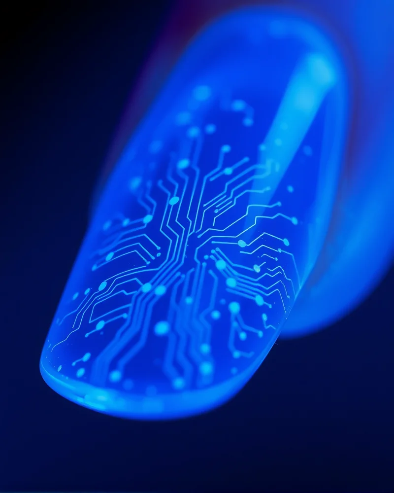 Bio-Adaptive Manicures: The Rise of Smart Nails in 2027 2 Close-up of smart bio-resin nail technology showing embedded circuitry within a glossy nail manicure.