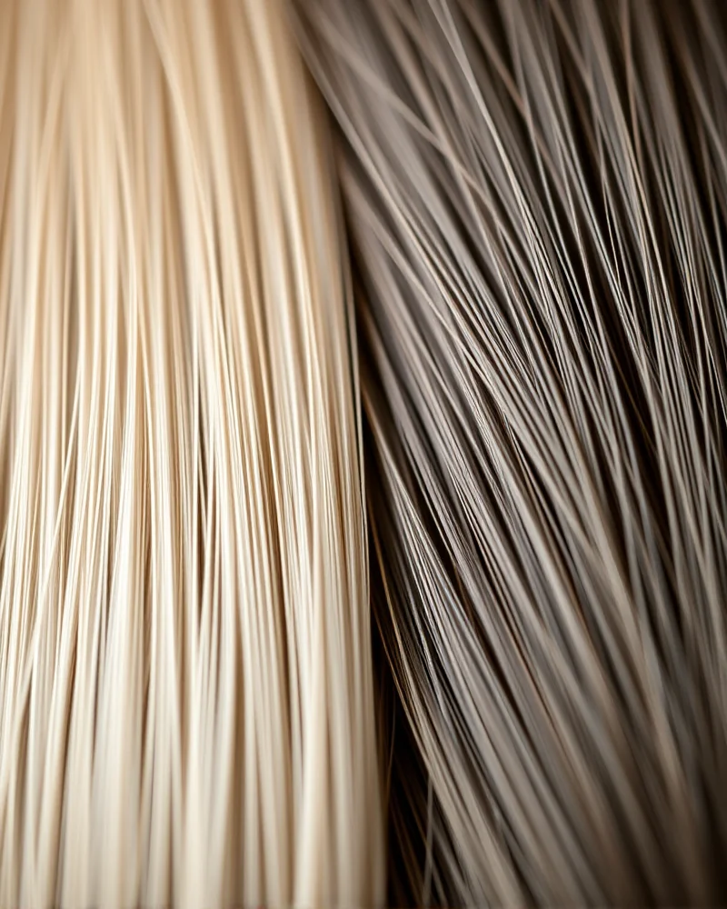 Bio-Synthetic Hair Integration: The 2027 Guide to Hybrid Hair Extensions 2 Close-up comparison of bio-synthetic fibers and human hair highlighting their identical structural texture.