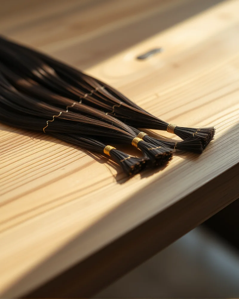 Bio-Synthetic Hair Integration: The 2027 Guide to Hybrid Hair Extensions 6 Close up of ethical, sustainable bio-synthetic hybrid hair extensions on a luxury wooden display.