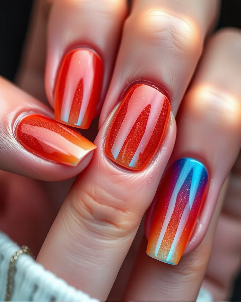 Bio-Adaptive Manicures: The Rise of Smart Nails in 2027 4 Close-up of smart nails displaying thermochromic color shifts from blue to orange based on body heat.