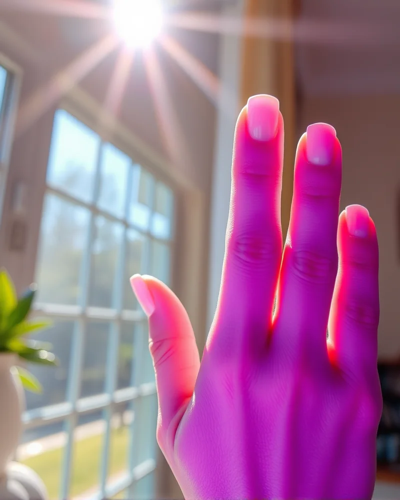 A close up view of fingernails showing a bio-adaptive color shift from soft lavender indoors to a bold deep violet when exposed to ultraviolet light.