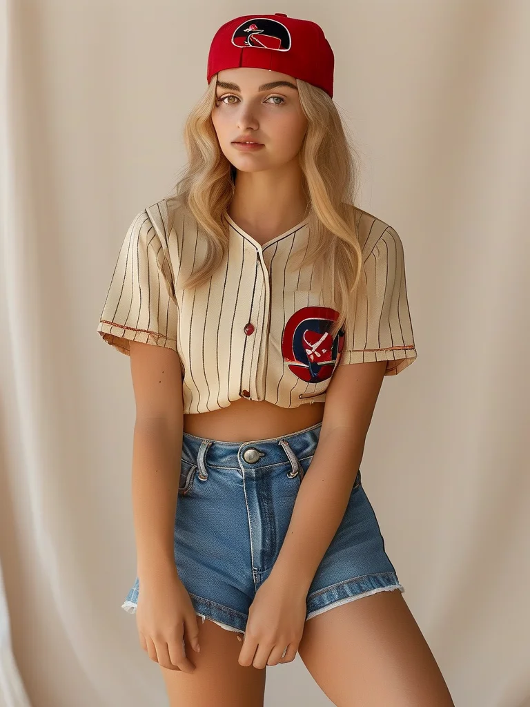 A woman models a quintessential baseball game outfit featuring an oversized vintage baseball jersey paired with high-waisted denim shorts and white canvas sneakers.