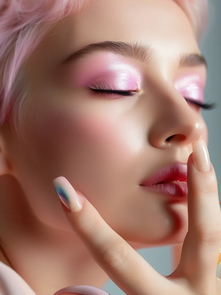 Close-up of a woman's short square nails with a glossy nude base. The tips feature delicate, translucent iridescent butterfly wings in pastel pink and lavender, outlined with fine silver glitter, showcasing a subtle and elegant nail art design.