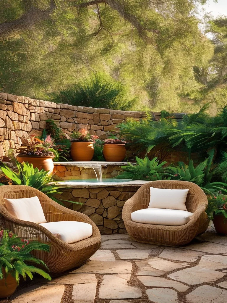 A beautifully styled backyard patio, showcasing a DIY tiered fountain constructed from three stacked terracotta pots, surrounded by lush green and blooming potted plants. Wicker furniture and a bistro table sit on natural stone pavers, bathed in soft, natural sunlight, creating a cozy and inviting outdoor space.