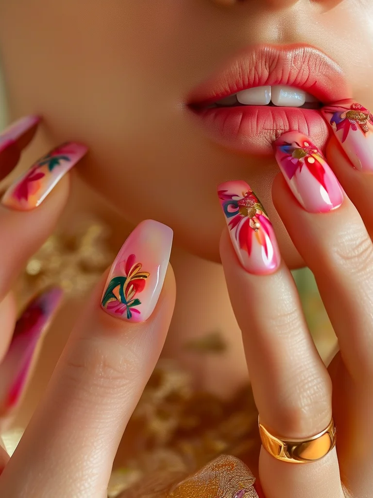 Glossy white stiletto nails featuring intricate hand-painted Mexican folkloric floral designs in bright red, pink, orange, yellow, and green, with subtle gold glitter accents.