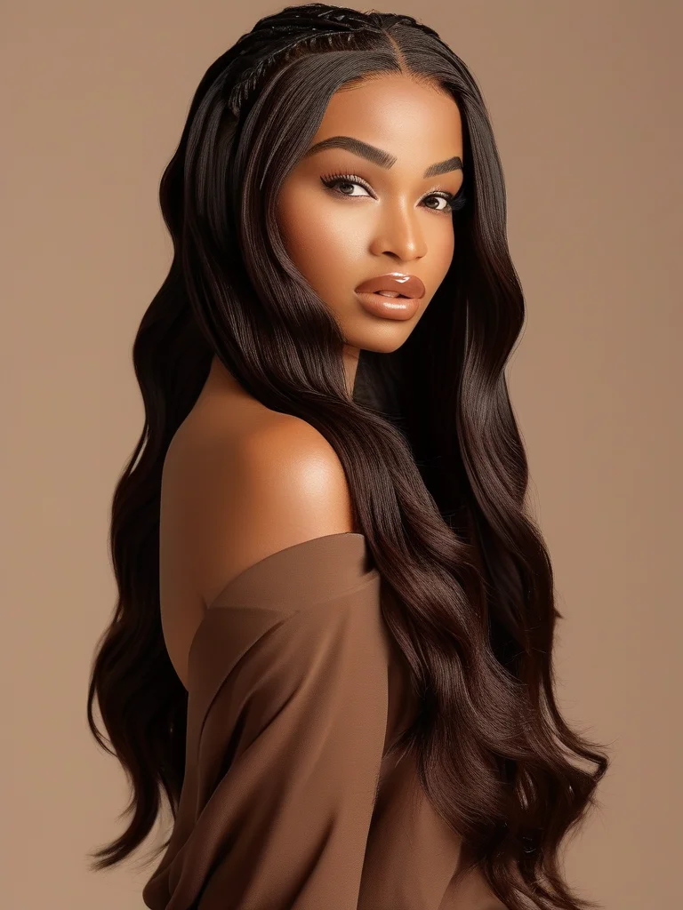 Unlock Your Ultimate Look: 7 Stunning Box Braid Styles to Inspire Your Next Transformation 2 A woman showcases classic, waist-length medium box braids in a deep espresso brown, elegantly draped over one shoulder. The braids are uniformly neat and well-defined, gleaming under soft studio lighting, with a minimalist background.