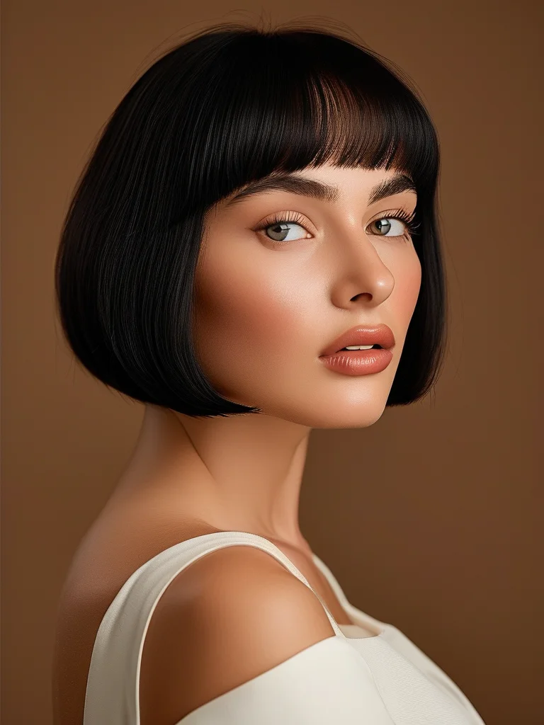 A woman with a sleek, intensely shiny raven black classic French bob haircut, precisely cut to the jawline. The hair's sharp lines and smooth texture are accentuated by soft, even lighting, conveying a sophisticated and timeless look.