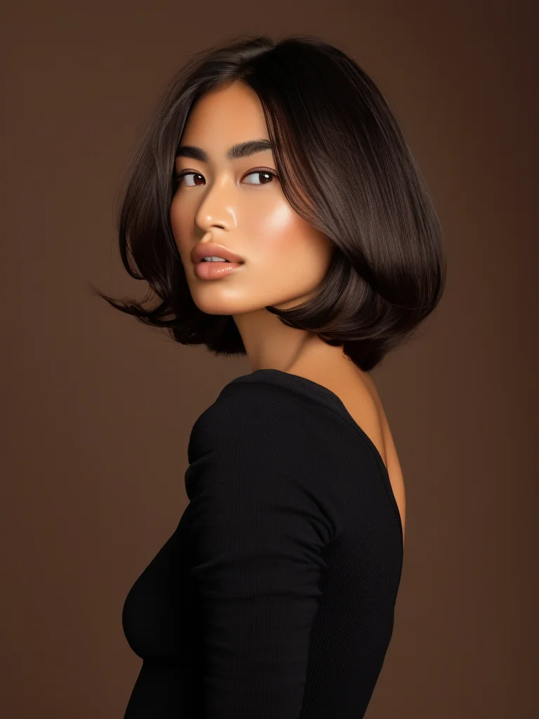 An editorial portrait featuring a woman with a sleek, shoulder-length blunt bob in dark brunette. Her hair is exceptionally glossy and styled with precision, framing her face with a modern, clean line under soft, diffused natural lighting.