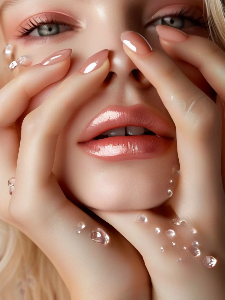 7 Unforgettable Spring Nail Ideas 2026: The Luxury Editor's Picks 2 Extreme macro close-up of a woman's long, glossy almond nails. The clear gel nails are embellished with tiny, raised clear gel 'dew drops' scattered across the surface, creating a delicate and sparkling wet-look effect under bright light.