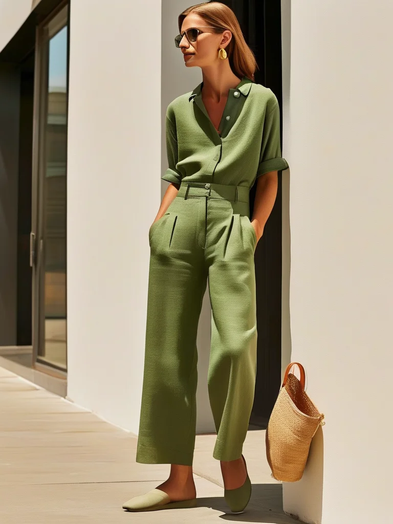 A woman in her mid-thirties stands confidently outside a sunlit cafe, dressed in a matching sage green linen button-down shirt and wide-leg trousers. She pairs this comfortable ensemble with minimalist tan leather sandals and carries a natural straw tote bag. Simple gold stud earrings add a subtle gleam to her relaxed yet polished appearance.
