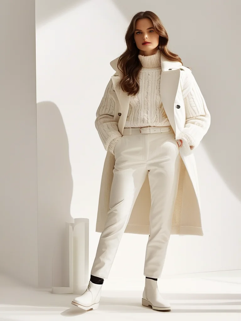 A woman confidently stands in an all-white monochromatic winter outfit, featuring a wool coat and tailored trousers against a stark, modern architectural wall.