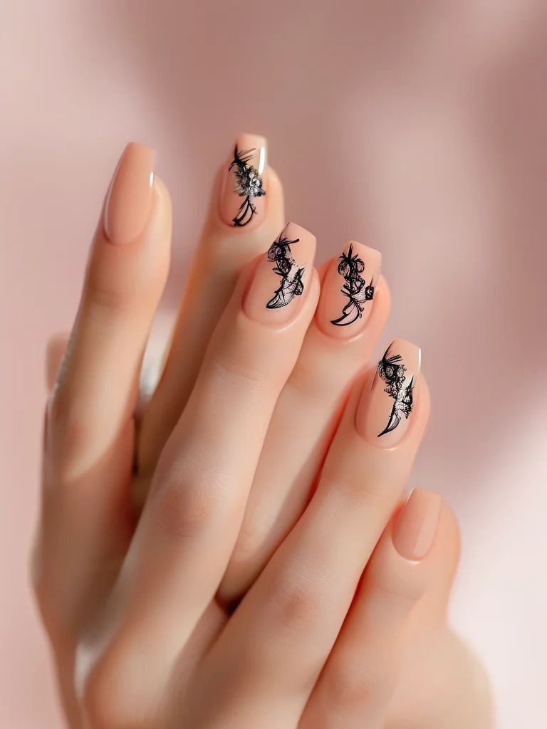 7 Viral Coquette Nail Designs You Need to Try This Season 2 Close-up of short square nails painted with a sheer nude polish and decorated with tiny, delicate black hand-painted bow designs.