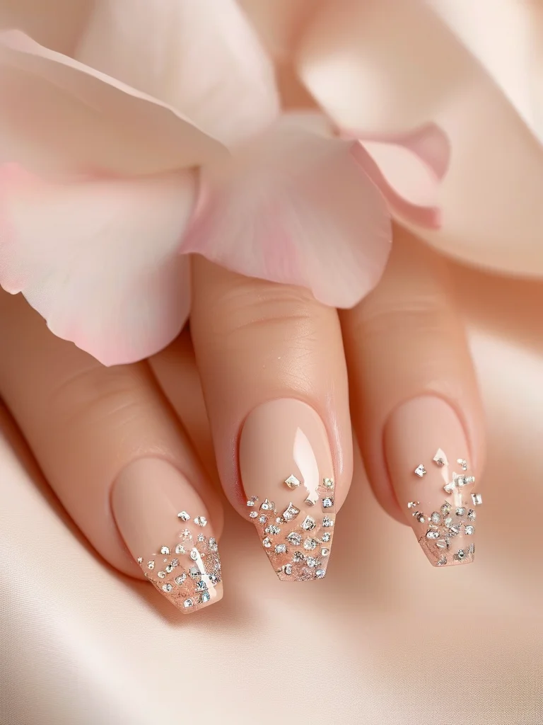 A close-up shot of short, square-shaped nails painted in a sheer nude polish, topped with glossy, realistic 3D gel dew drops that look like morning moisture.