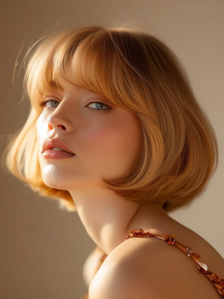 A woman with a stylish, straight bob haircut where the front strands are dyed a warm honey blonde to illuminate her face, captured in sharp focus.