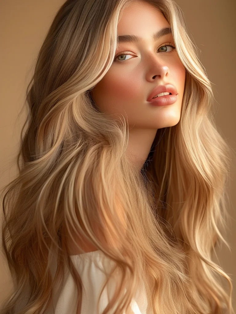A woman with long, voluminous caramel blonde waves. Her soft glam makeup features warm golden eyeshadow and a dewy complexion, highlighted by soft golden hour light.