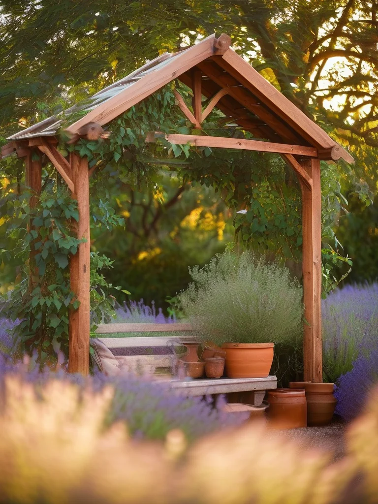 A handcrafted cedar A-frame trellis in a sunlit garden, covered in healthy cucumber vines and surrounded by blooming lavender and terracotta accents.