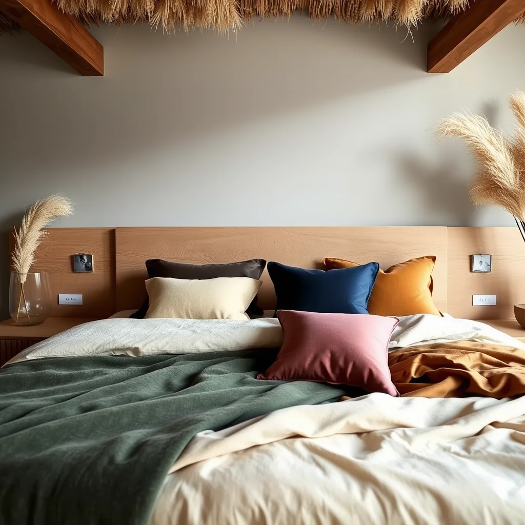 A close-up interior view of a luxury bed showing the contrast between smooth silk pillows, coarse linen duvets, and textured velvet throws in shades of cream and sage.