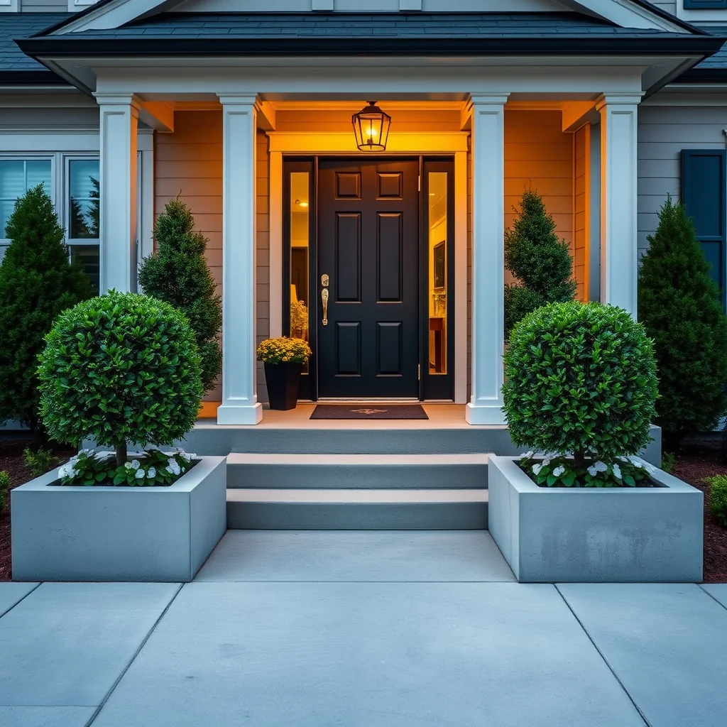A symmetrical garden design featuring raised concrete flower beds flanking a modern front entrance with boxwood shrubs and white flowers.