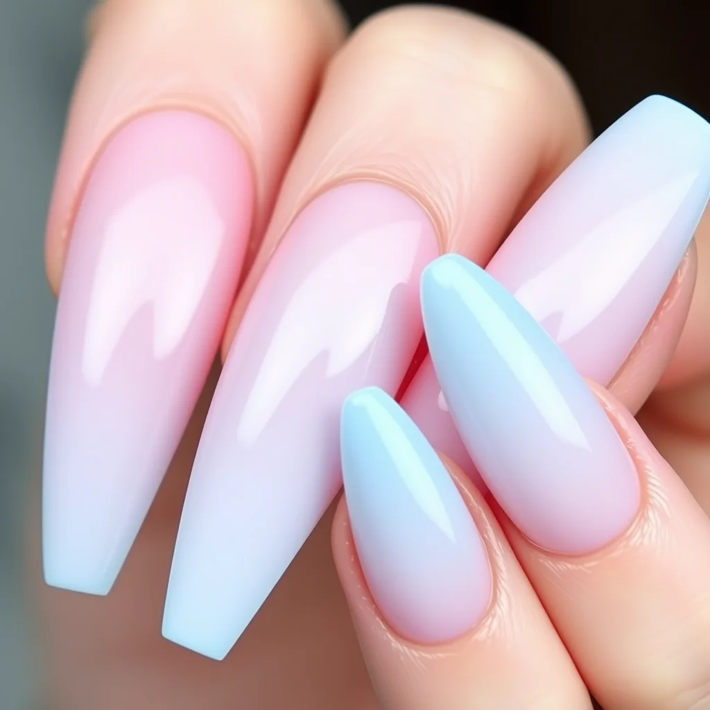 7 Spring Stiletto Nails Trends That Are Taking Over Pinterest Right Now 2 Long stiletto nails displaying a smooth color transition from pink to blue with a high-shine glossy finish.