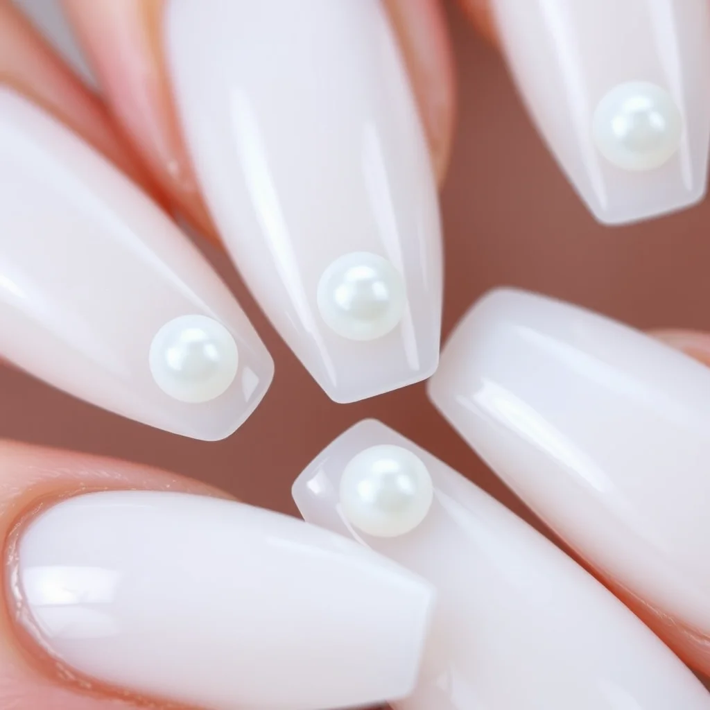Coffin nails with a sheer milky base and a single small pearl accent at the cuticle base.
