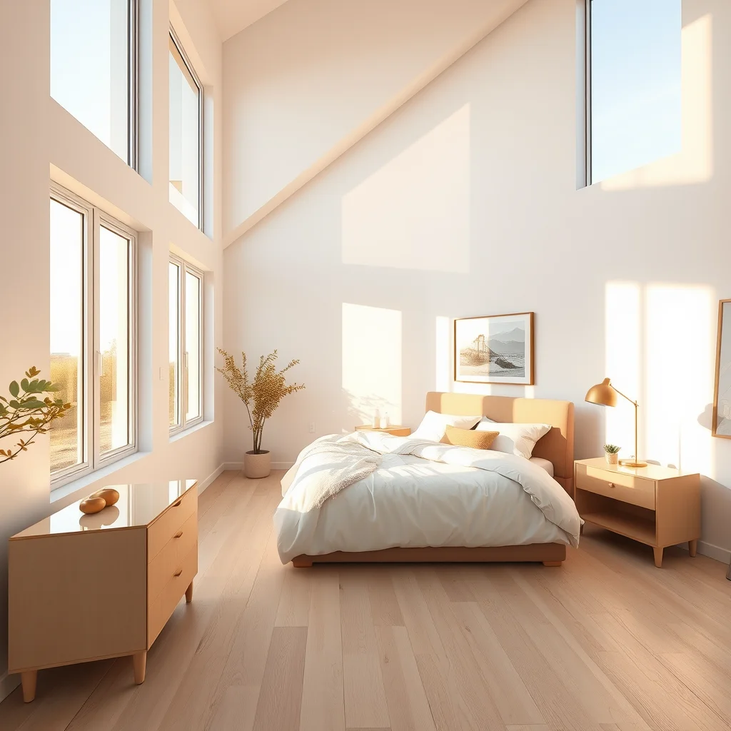 A sun-drenched bedroom interior with white walls, warm natural light, and sophisticated, clean design elements.