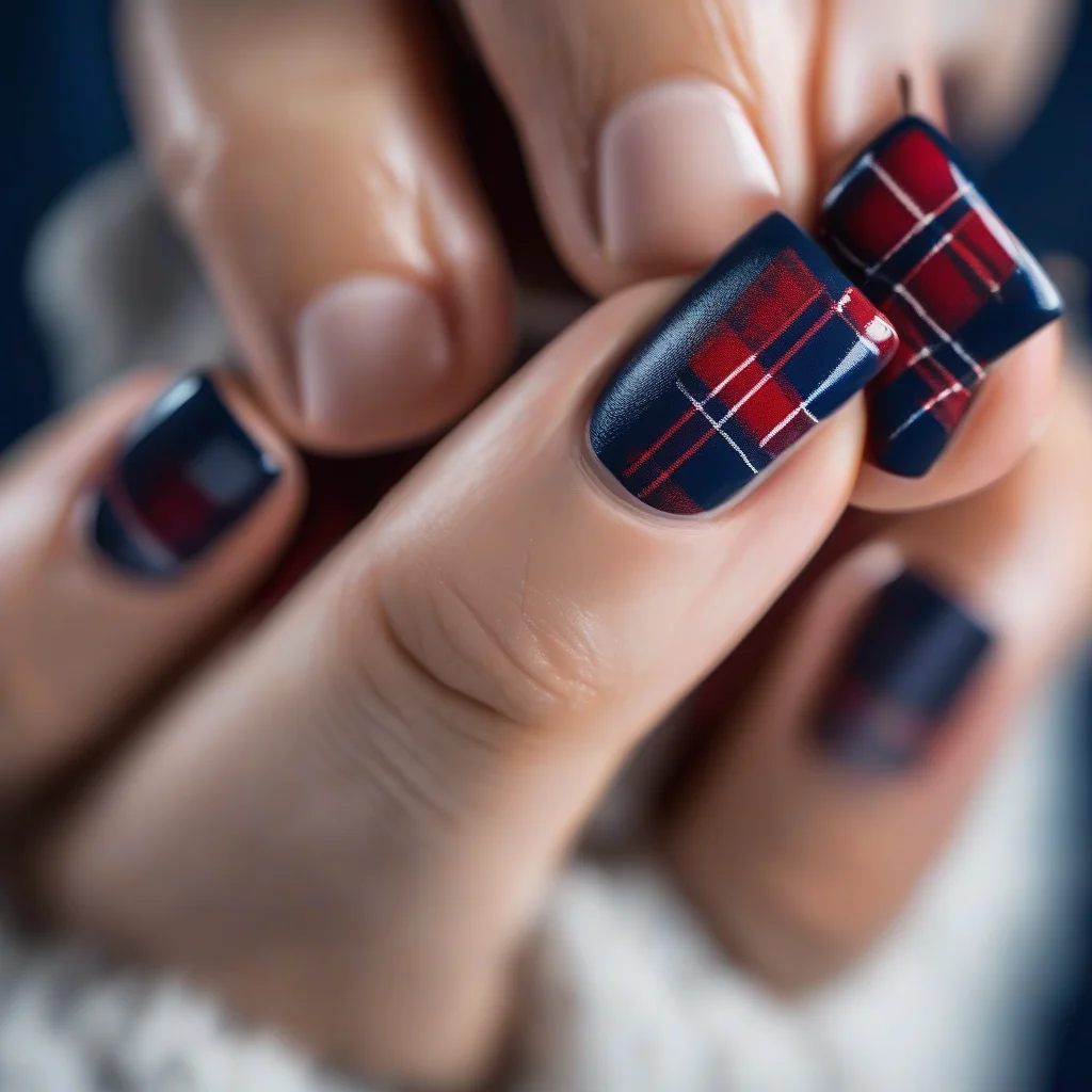 9 Viral Back to School Nail Art Trends to Ace Your Semester Style 2 A close-up of square-shaped nails featuring a sophisticated red, navy, and white plaid design with a matte velvet finish, held near a leather-cased smartphone.