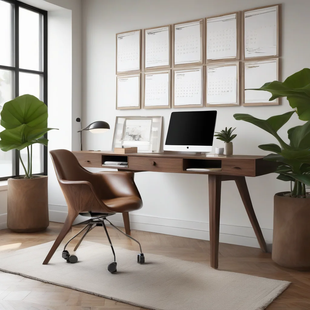 7 June Calendar Hacks to Transform Your Home for Summer 2 An elegant, minimalist home office with a large wall-mounted paper calendar serving as a focal point above a walnut desk.