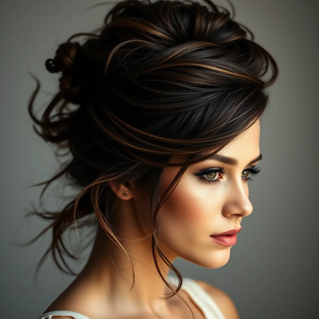 7 Lip Liner Tutorial Secrets for the Perfect Pout 2 A close-up beauty portrait showing a woman with a chic, messy high bun hairstyle with honey-highlighted tendrils, illuminated by soft studio lighting.