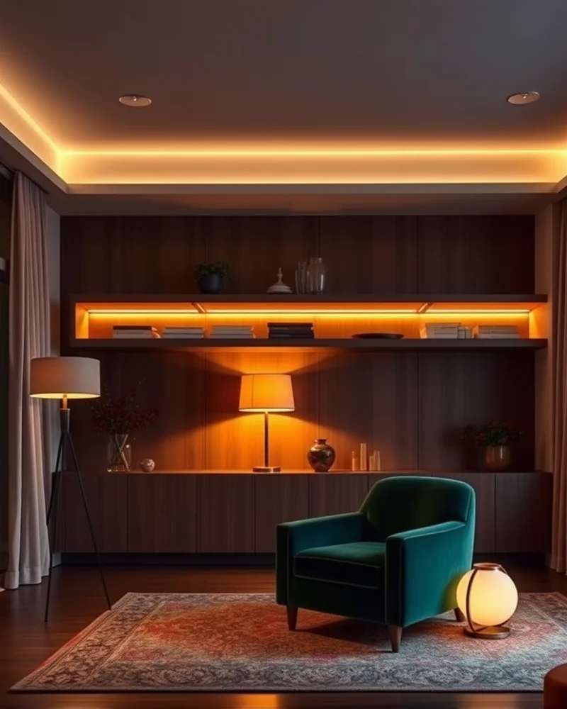 A warm, dimly lit living room at night featuring soft amber accent lighting and a plush emerald velvet chair.