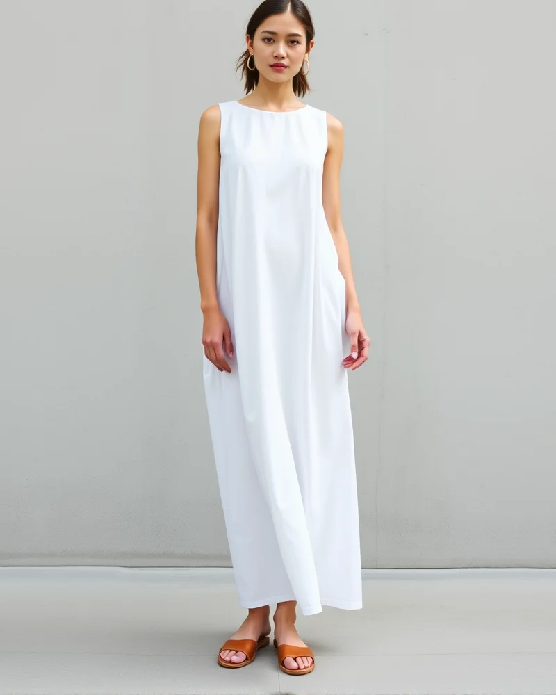 A woman in a minimalist white cotton poplin dress and tan slides standing against a smooth concrete wall, embodying clean summer design.