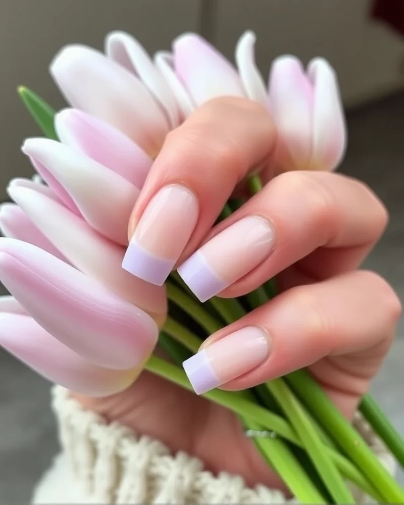 Short square nails featuring a milky nude base and soft lavender French tips, held against a background of spring flowers.