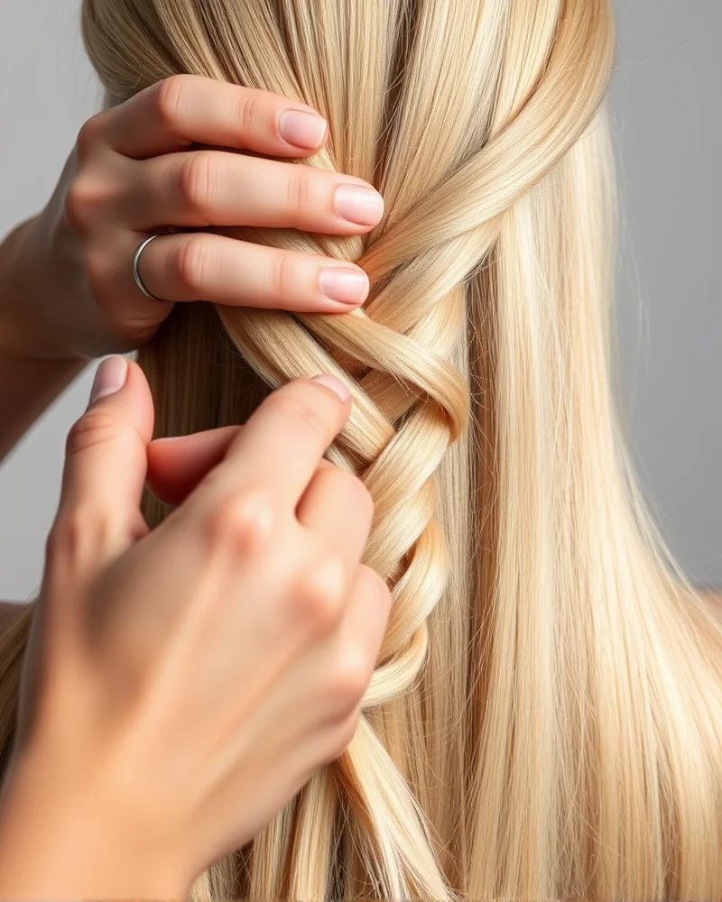 A detailed close-up showing the initial steps of creating a waterfall braid on blonde hair in a professional studio setting.