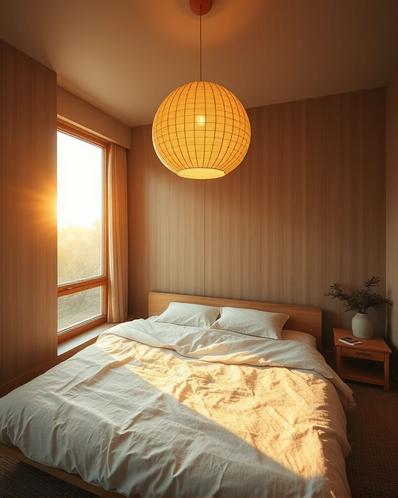 A soft, warm-lit Japandi bedroom with a sculptural paper pendant light illuminating a low-profile platform bed against a light-toned wooden backdrop.