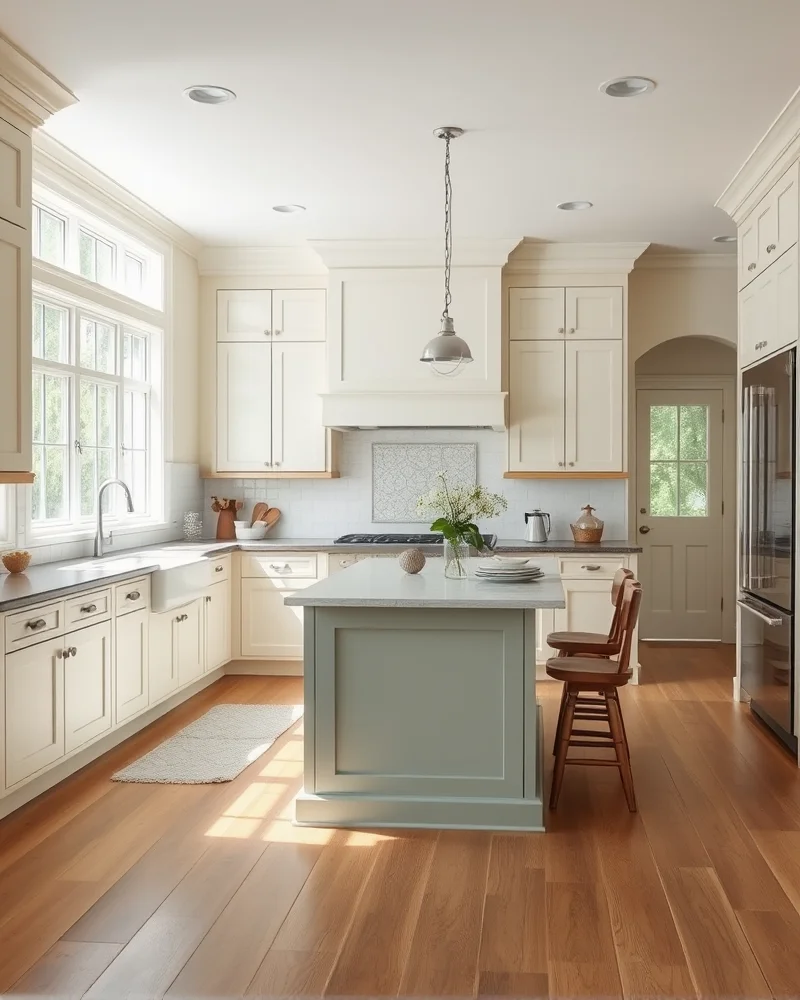 7 Viral Farmhouse Kitchen Decor Trends That Will Transform Your Home 2 A bright farmhouse kitchen with cream cabinetry, a soft sage green center island, and warm wood flooring under natural ambient lighting.
