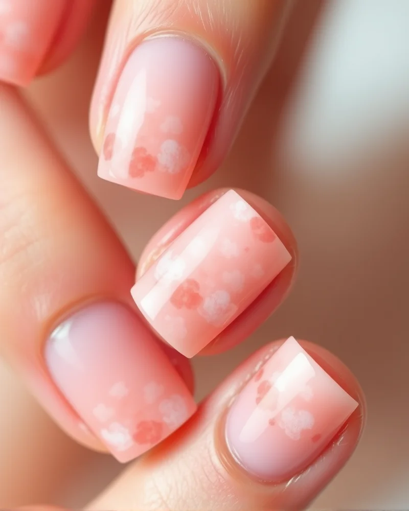 7 Dreamy Watercolor Nail Art Designs You Need to Try This Season 2 Close-up of short square nails with a soft, cloud-like watercolor gradient in shades of rose and peach.