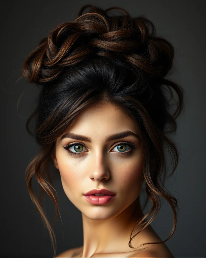 7 Effortless Messy Bun Hairstyle Hacks for an Instant Glow-Up 2 A person with wavy, thick brunette hair wearing a high, voluminous messy bun. The image captures the soft, wispy hair framing the face against a neutral studio background.