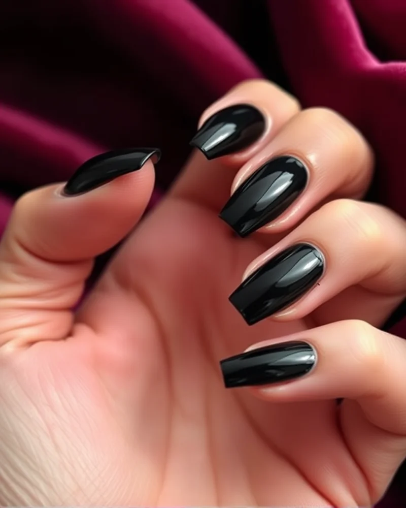 Long almond-shaped nails coated in a mirror-like glossy black polish, reflecting soft studio light while held against a dark velvet background.