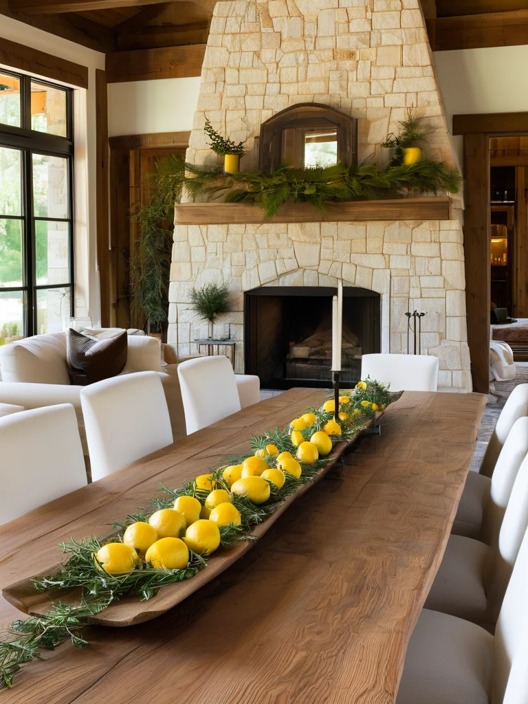 A wide shot of a rustic farmhouse dining room, showcasing a long wooden table with a centerpiece of whole lemons, rosemary sprigs, and pillar candles arranged in a wooden trough. The room is warmly lit, with exposed beams and a stone fireplace.