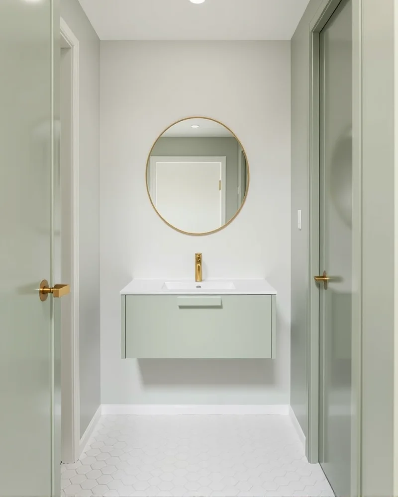 A small, chic bathroom featuring a wall-mounted green floating vanity that creates the illusion of more floor space.
