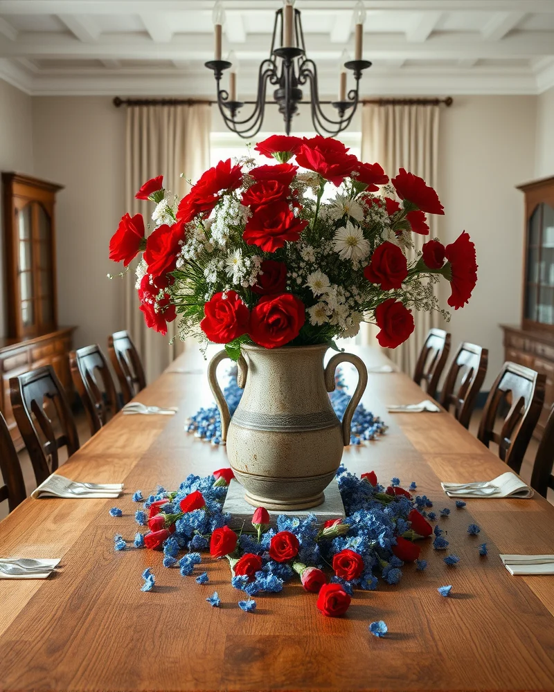 A rustic dining table set with a centerpiece of red carnations, white baby's breath, and blue cornflowers in a stoneware pitcher, illuminated by soft natural window light.
