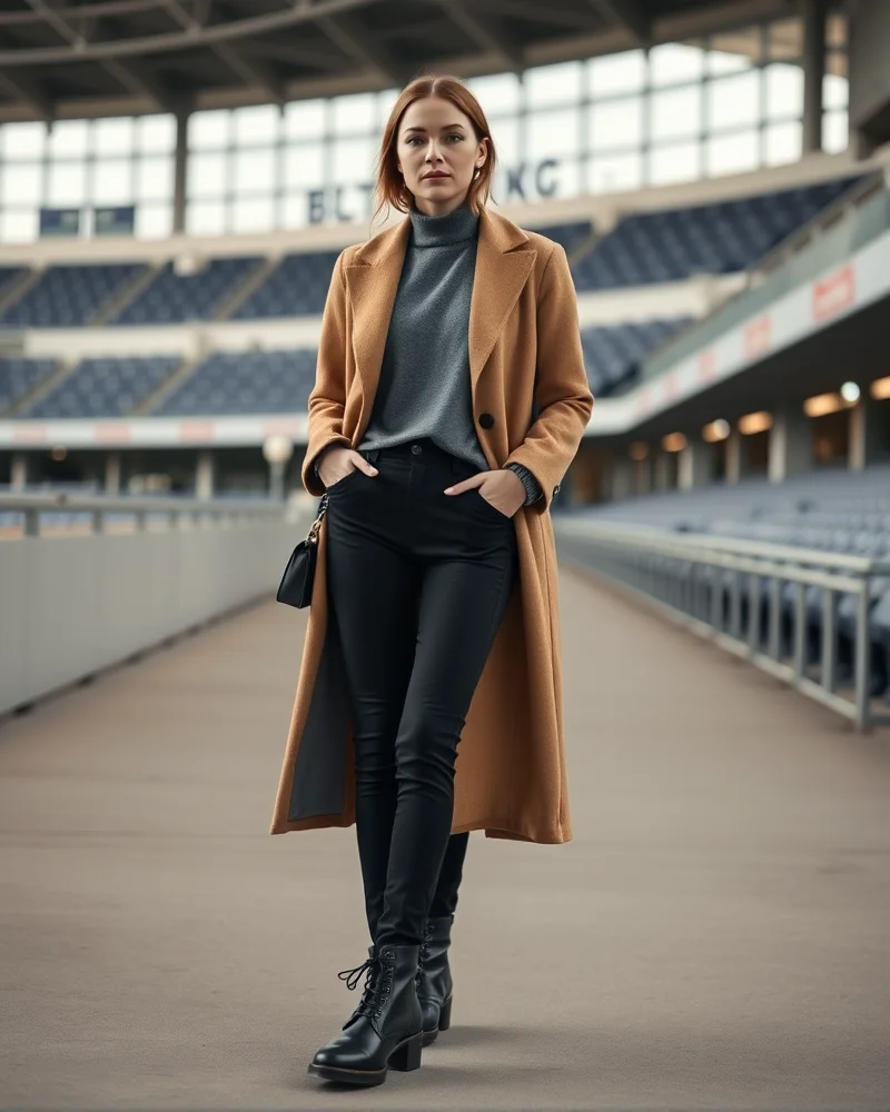 A woman dressed in a sophisticated grey turtleneck and camel coat, ideal for cold weather stadium visits.