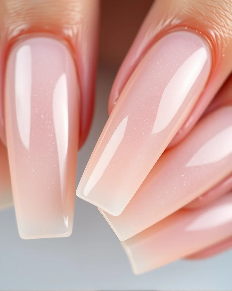 Long coffin-shaped nails with a translucent nude base and a shimmering white chrome finish, evoking a soft, glazed appearance.