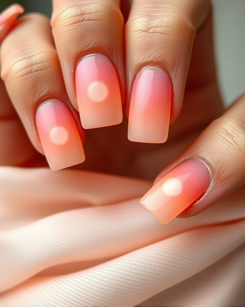 A close-up of square nails showing a blended pink and peach airbrushed aura design with a high-gloss finish.